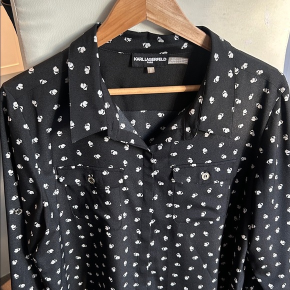Karl Lagerfeld Signature Logo Button Down Blouse Black White Chic Office Size XL - Picture 8 of 13